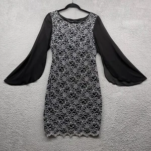 Connected Womens Dress Knee Length Black Floral Sequin Long Bat Sleeve Size 6 - Picture 1 of 13