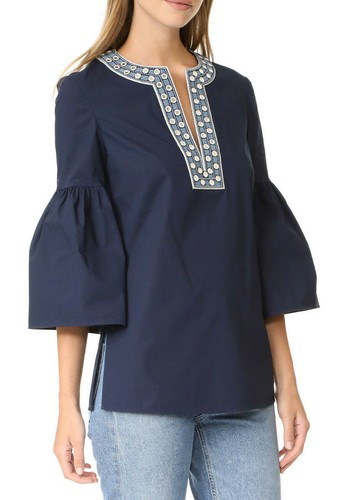 Top blu navy nuovo con etichette Tory Burch Ariana tunica scollo impreziosito maniche a campana taglia 0
