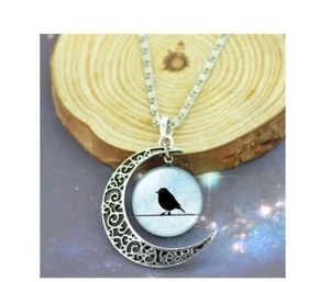 Silver tone Moon Glass Cabachon Bird Pedant Necklace jewelry - Picture 1 of 2