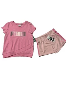 PUMA | Pink Logo Short-Sleeve Tee & Light Pink Stripe Shorts/Size 5 Kids - Picture 1 of 7
