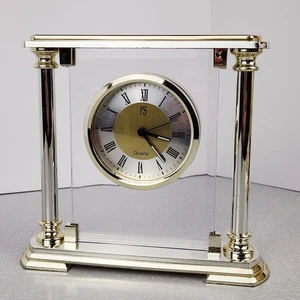 PS Quartz Crystal Table Mantle Clock 7" Gold & Silver Roman Numerals Glow Hands - Picture 1 of 11