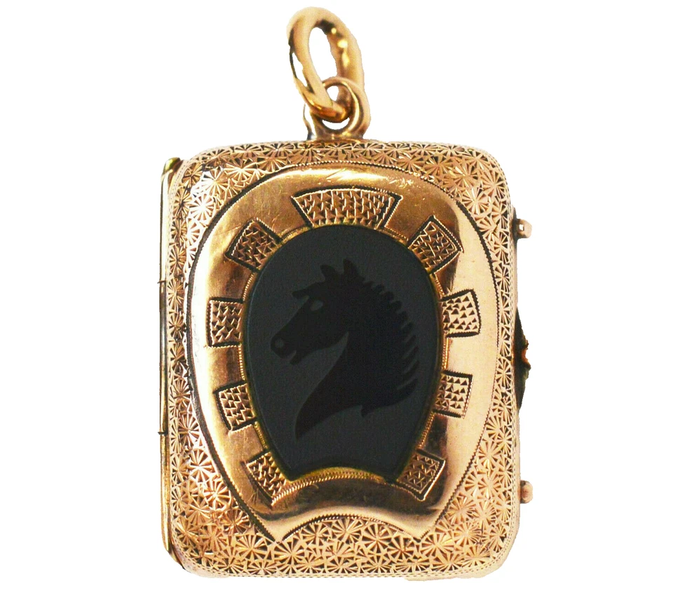 Medaillon Anhänger 8 Karat 333 Gold 10,22 g Roségold Onyx Hufeisen Pferd um 1880 - Bild 1 von 3