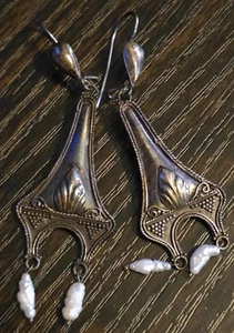 925 Sterling Silver 2½" Antique Curvy White Drop Earrings Vintage Womens Wear - Picture 1 of 9