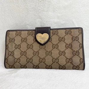 Gucci Precioso Corazón GG Lona Cuero Cartera Larga Beige Marrón Logo Placa 19cm - Imagen 1 de 18