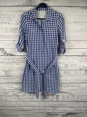 Vestido Vineyard Vines para mujer 2 azul blanco guinga camisa con cinturón lengüeta enrollable algodón Foto 1 de 4
