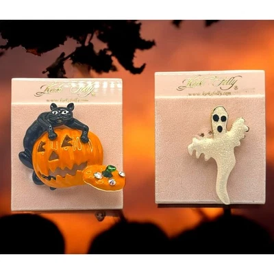 Kirks Folly Halloween Brooches Black Cat with Jack O Lantern & Ghost Festive - Image 1 of 4