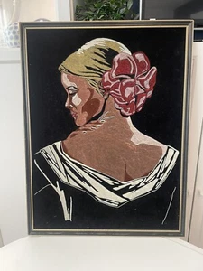 Vintage Original Black Velvet Pop Art Nouveau Portrait Woman 1960s 1970s - Picture 1 of 5