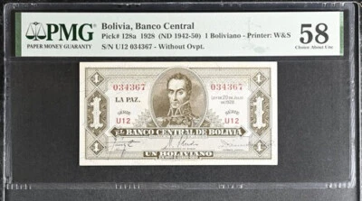 1928  Bolivia 1 Boliviano  Pick# 128c PMG 58 EPQ - Image 1 of 2
