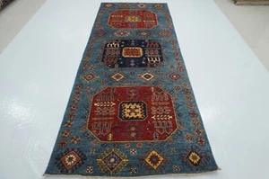 4 x 10 ft Blue Kazak Afghan Hand knotted Oriental Tribal Wide Runner Rug - Picture 1 of 17