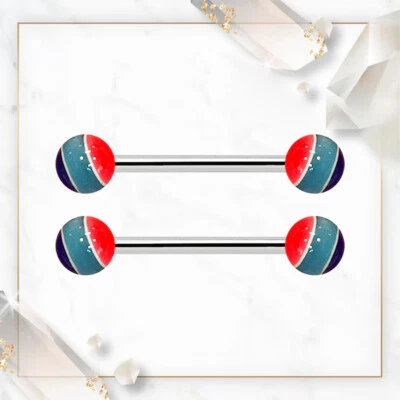 14G Barbell Nipple Ring UV Acrylic Stripes Balls Surgical Steel or Titanuim 14m - Image 1 of 4
