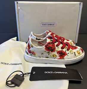 DOLCE & GABBANA Red Floral White Canvas Low Lace Up Toddler Sneakers NIB Size 24