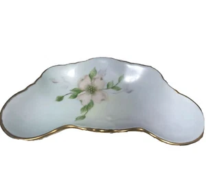 F.J. Drinkard Bone Dish Handpainted Flower Gold Trim White, Pink & Green - Picture 1 of 8