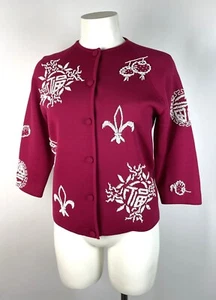 Vintage 50s Beaded Cardigan Red White Hong Kong Wool Sweater S 34" Bust, Lantern - Picture 1 of 7