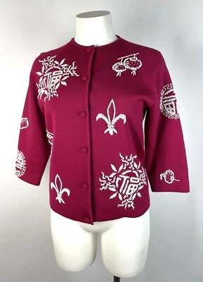 Cárdigan Vintage Años 50 Cuentas Rojo Blanco Hong Kong Lana Suéter S 34" Busto, Linterna Foto 1 de 4