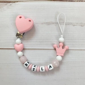 Schnullerkette Nuckelkette Beißkette mit Namen rosa weiß Silikon Mädchen Krone - Bild 1 von 1