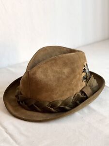 Vintage Hush Puppies Breathing Brushed Pigskin Trilby Hat w/ Feather Size 7 1/8