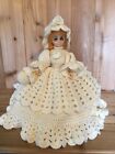 Vintage And Collectible 14? Bed Doll With Hand Made Crochet Dress White/Off Whit