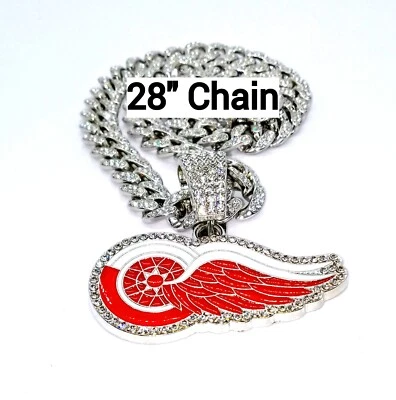 DETROIT RED WINGS GEM NECKLACE Silver Bling NHL Hip Hop Pendant & 28" Chain - Imagem 1 de 3