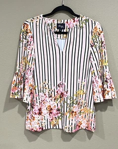 beige by ECI Sz S Striped Floral Blouse tunic dress top 3/4 Bell Sleeve Small - Picture 1 of 11