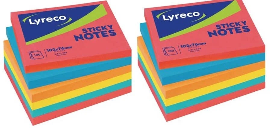Lyreco Sticky Notes (102 x 76 mm) Multi Coloured (12 x 100 Pack) Bright Assorted - Image 1 of 1