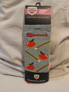 Pocket Socks Womens Crew 1 Pair  Teacher Apple & Pencil Zipper Pocket  Brand New - Picture 1 of 3