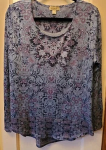 One World Blue Floral Long Sleeve Knit Shirt Tunic Size XL BOHO - Picture 1 of 8