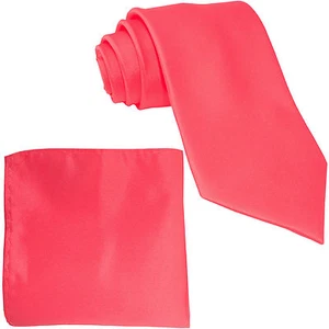 3 inches wide Solid CORAL Neck Tie Set Necktie Or With Pocket Square Hanky Prom - Picture 1 of 4