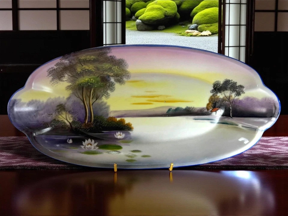 Antique Noritake Hand Painted Porcelain Scenic Tray – Lake & Trees Sunset - Image 1 of 4