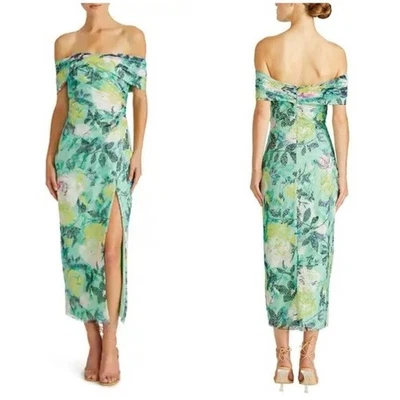 New ML Monique Lhuillier Allie Floral Off Shoulder Lace Midi Cocktail Dress 6 - Image 1 of 4
