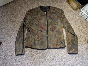 Vintage 90s Khanguru Green Floral Tapestry Classic Blazer Jacket Size XS - Picture 1 of 6