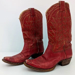 Vintage 80s Red Leather Cowboy Boots Distressed Women's Sz 6.5 Festival Western - Picture 1 of 12