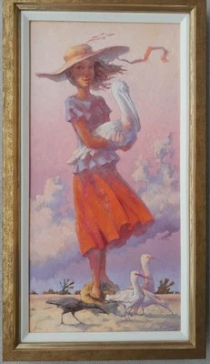 ILUSTRACIÓN IMPRESIONISTA AMERICANA MODERNA PINTURA DE GÉNERO "NIÑA JOVEN/PELÍCANO" Foto 1 de 4