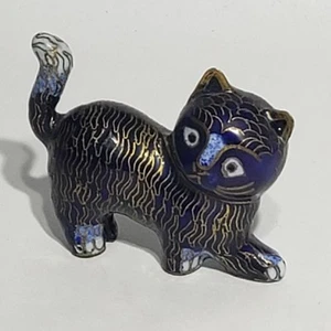 Vintage Blue and Gold Cloisonne Enameled Brass Cat Figurine - Picture 1 of 9