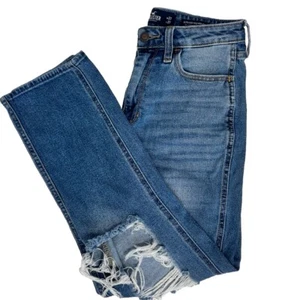 Hollister Ultra Hi-Rise Mom Jeans Sz 5R 27 x 27 Stretch Distressed Denim Blue - Picture 1 of 11