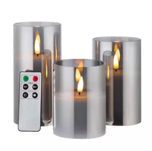 3 PACK !!! Gray Glass Flameless Candle With Remote Operated Flickering LED - Picture 1 of 6