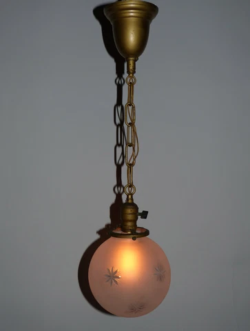 Gold Painted Brass Pendant Light Wheel Cut Glass Shade Victorian Art Nouveau Cover