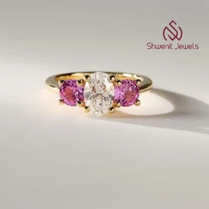 2Ct Round & Oval Lab Diamond 3-Stone Wedding Ring 10K Gold VS1/E IGI Certified - Picture 1 of 8