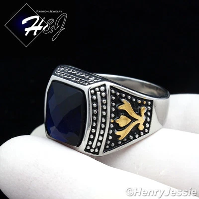 MEN Stainless Steel Silver/Gold Plated Dark Blue Rhinestone Vintage Ring*89 - Image 1 of 3