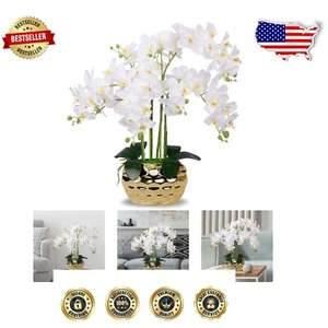 Stunning Silk Orchid Flower in Gold Ceramic Vase - Ideal for Weddings & Gifts - Picture 1 of 9