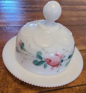 Antique Heisey Milk Glass Beaded Swag EAPG Dome Covered Butter Cheese Dish
