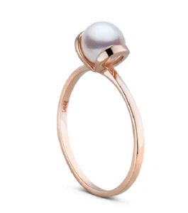 Brilliant Round Shape Fresh Pearl In Real 10K Rose Gold Solitaire Beautiful Ring - Picture 1 of 3