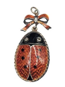 Sterling Silver Enamel Guilloche Large Egg Ladybug Bug Bow Pendant For Necklace - Picture 1 of 14