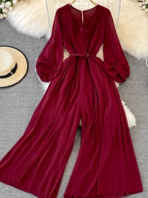 Spring Summer Elegant Casual Women Fashion Jumpsuit Long Sleeve Wide Leg Rompers - Imagem 1 de 4