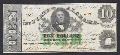 1864 STATE OF ALABAMA $10 CIVIL WAR ~ COTTON & GOV.  ~ CHOICE CRISP UNCIRCULATED - Image 1 of 3