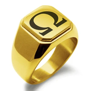 Stainless Steel Omega Symbol Square Mens Square Biker Style Signet Ring - Picture 1 of 4