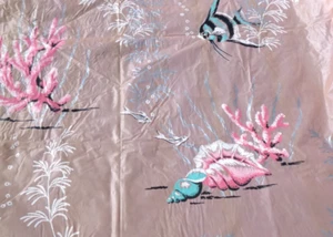 Vtg 50s 60s Para Vinyl Shower Curtain Blue Pink W/ Aqua & Pink Fish Coral Shells - Picture 1 of 18