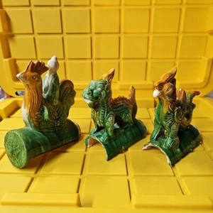 Vintage Sancai Glaze Phoenix Rooster King Dragon Figural Roof Tile Set Charms - Picture 1 of 18