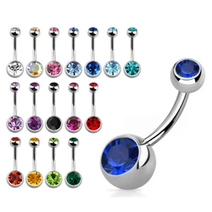 14G Titanuim Bazel Set Double CZ Steel Belly Button Ring Curved Navel Piercing - Picture 1 of 18