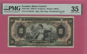ECUADOR  10 SUCRES 1940  GA PICK # 92a PMG 35 CHOICE VERY FINE. - Picture 1 of 2