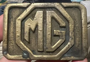 VTG 1970s "MG" MORRIS GARAGE SPORTS CAR SOLID BRASS LOGO BELT BUCKLE Tiffany - Picture 1 of 3
